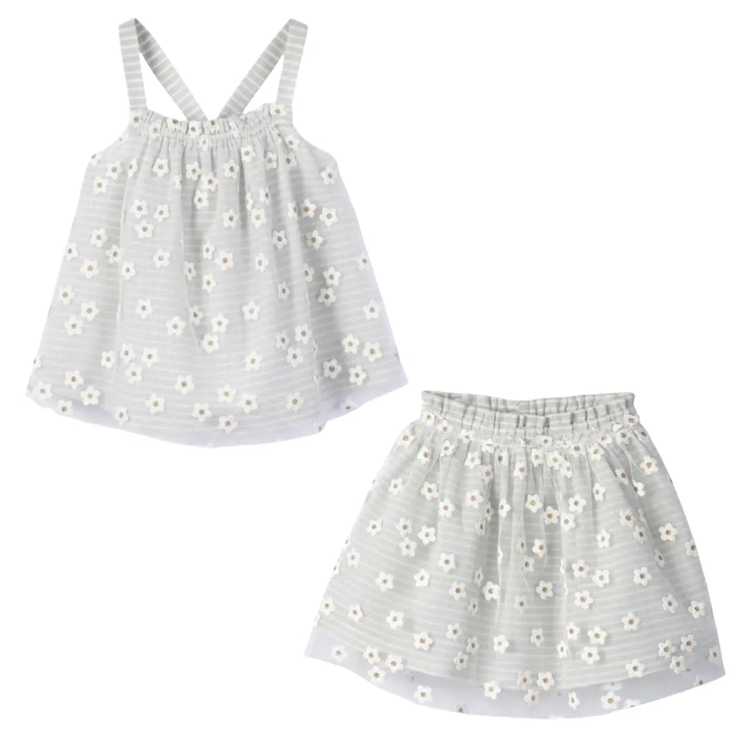 Girls Striped Daisies Cotton Top & Double Layer Skirt Set YELL OH!