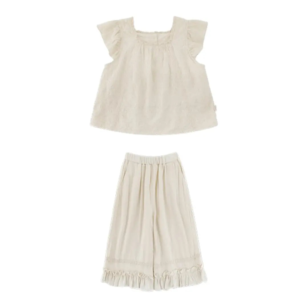 Girls Cream Ruffle Top & Wide-Leg Pants Set Sol Vera