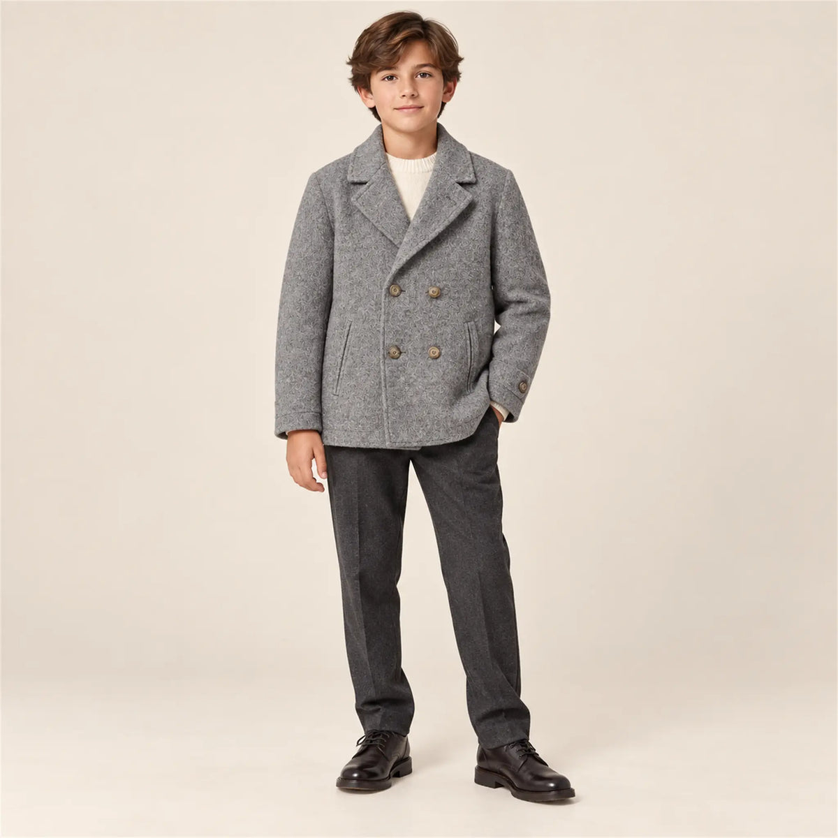 Boy Double-Breasted Peacoat – Grey – 12Y lookbook, look 2