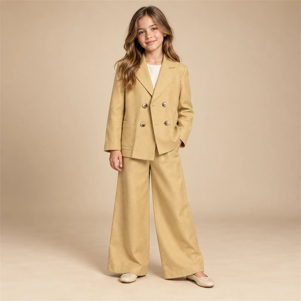 Beige linen jacket and matching trousers on girl, size 10Y — lookbook