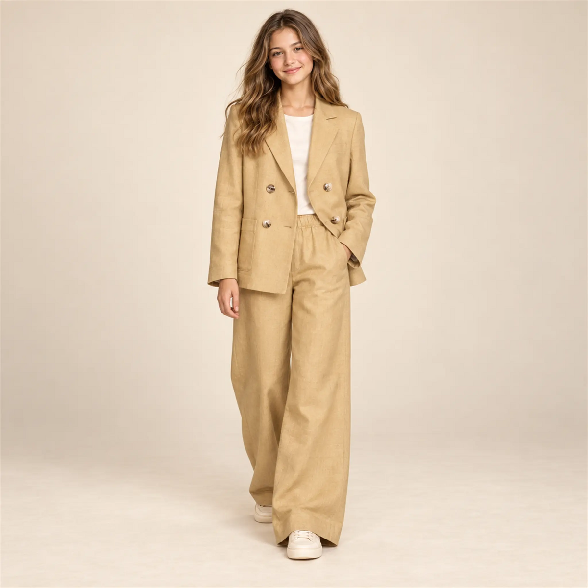 Beige linen jacket and matching trousers on girl, size 16Y — lookbook
