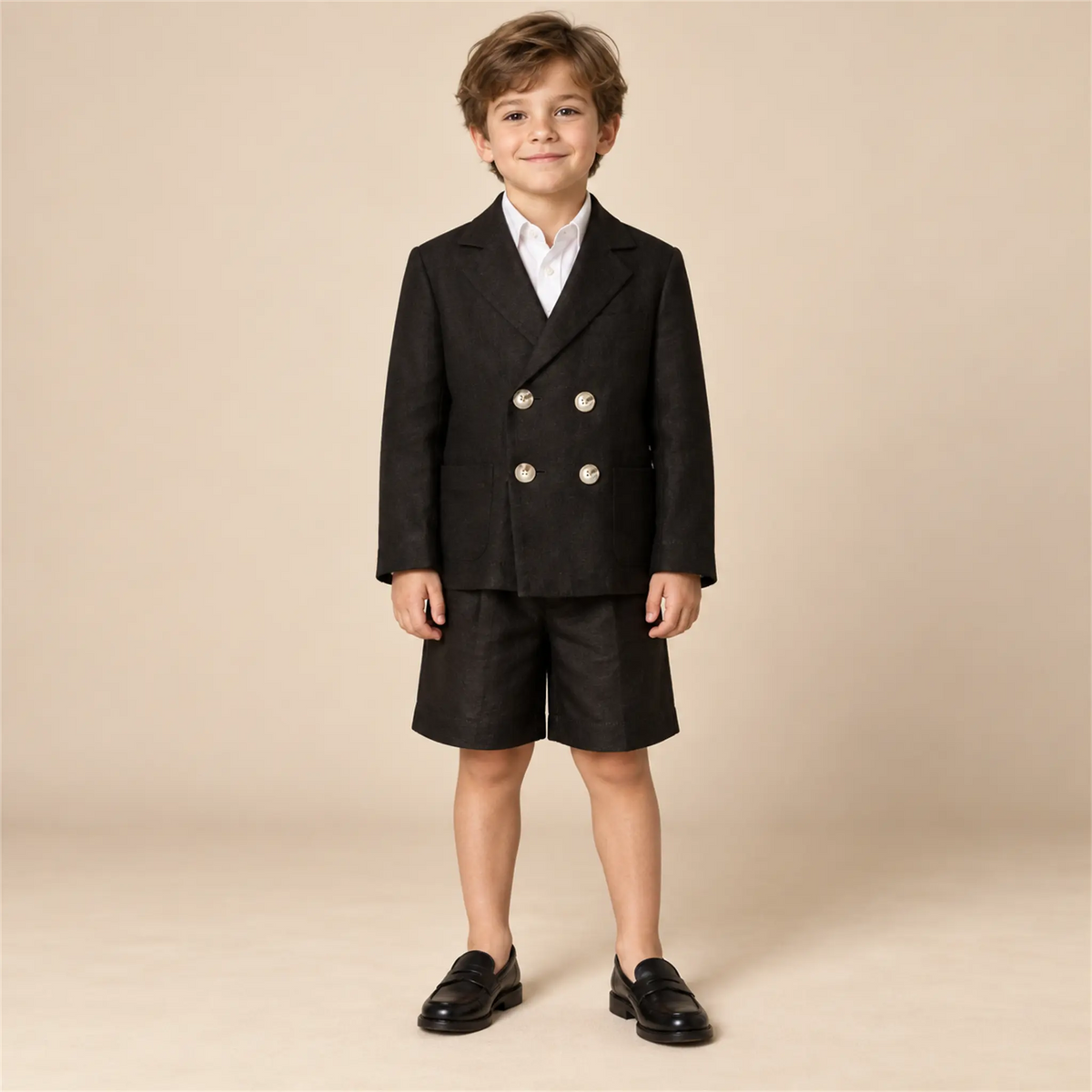 Black linen jacket and matching shorts on boy, size 06Y — lookbook