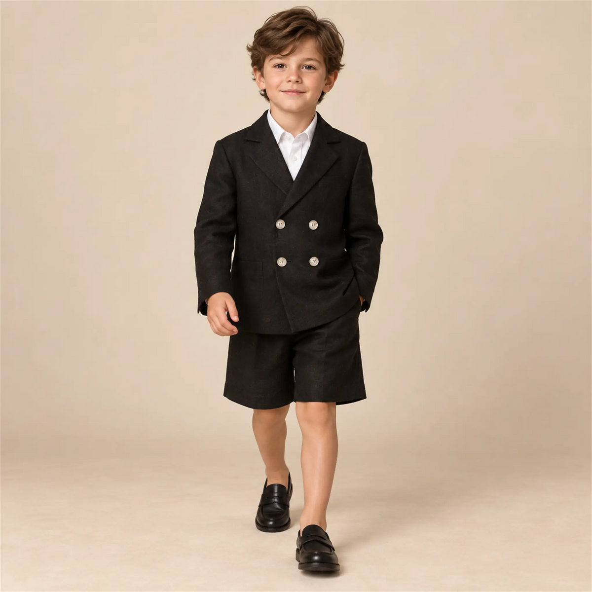 Black linen jacket and matching shorts on boy, size 06Y — lookbook