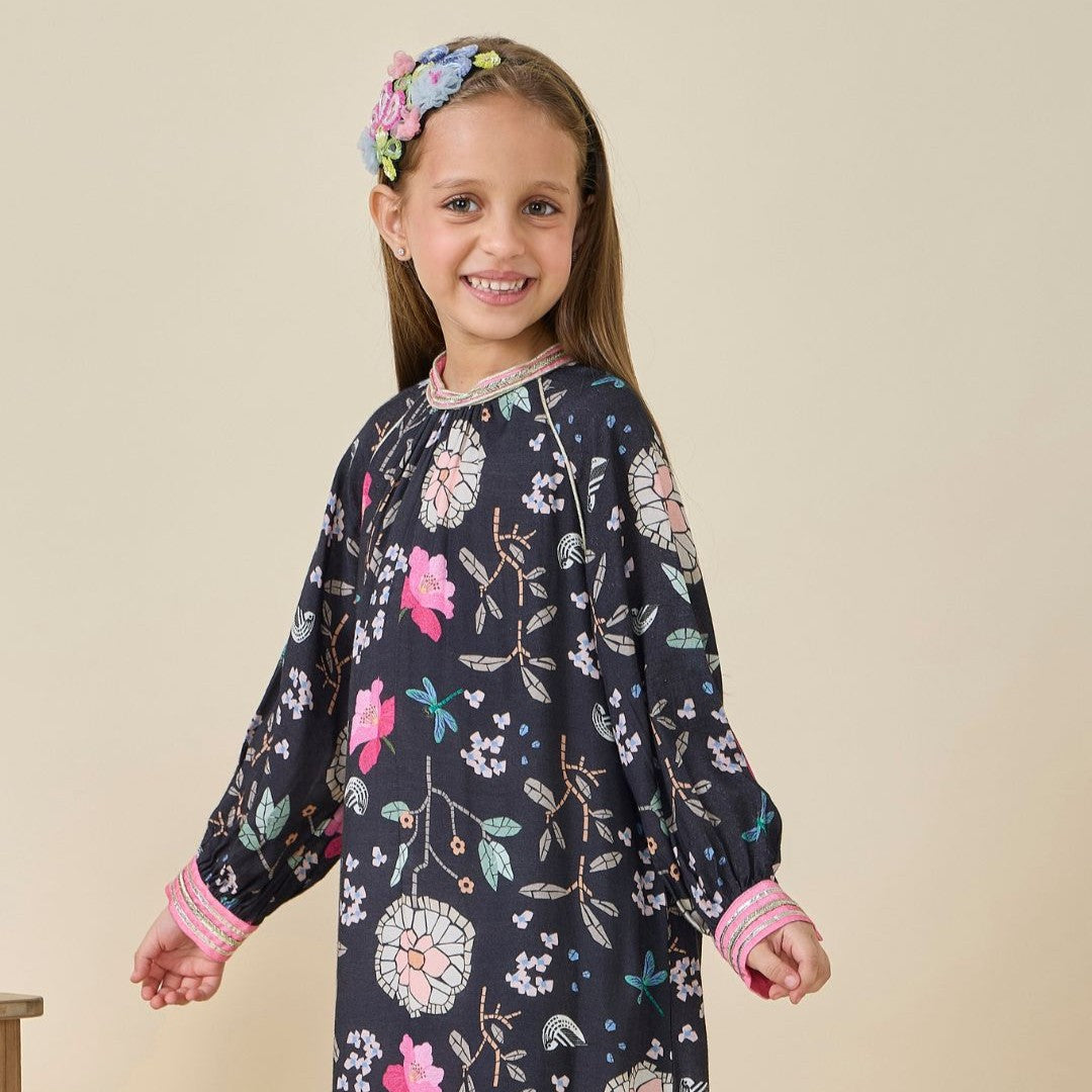 Fiona Printed Black Girls Long Dress