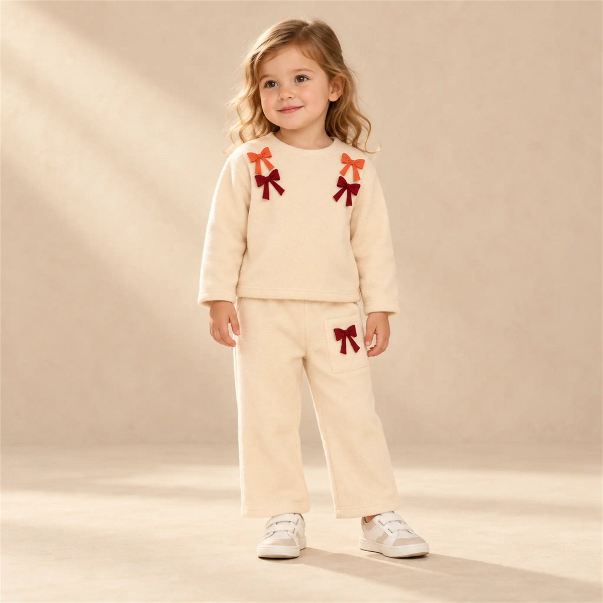 Beige studio lookbook: 100% Organic Cotton Sweatshirt With Bows & Sweatpants - Sand; 2-3Y; full-body child model; look 1