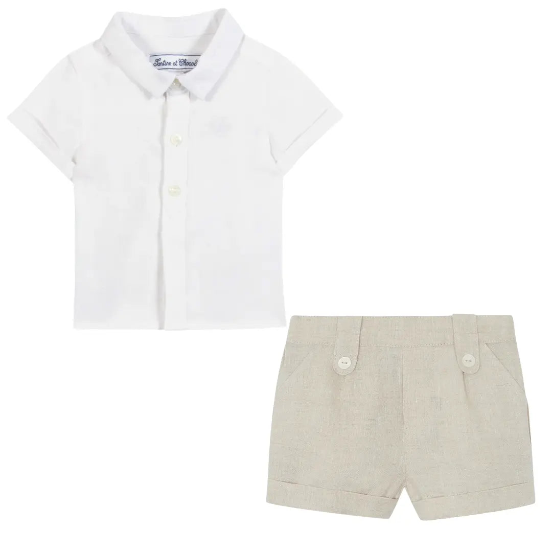 Boys White Linen Shirt & Sand Linen Shorts Set TARTINE ET CHOCOLAT