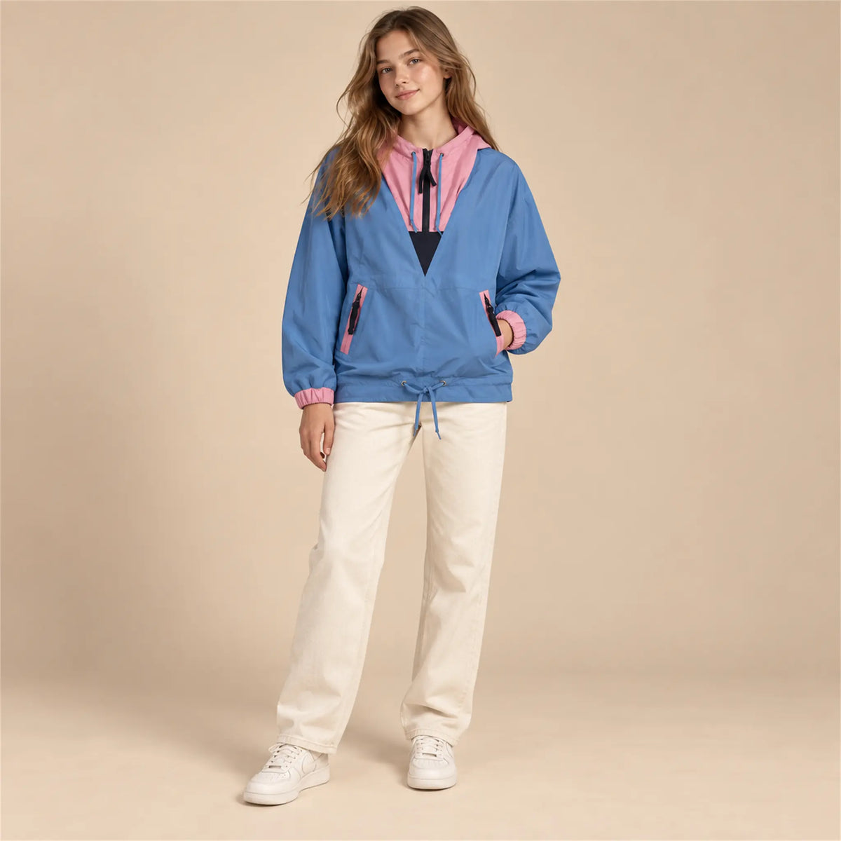 Beige studio lookbook: Oaks Windbreaker; 16Y; full-body child model; look 1