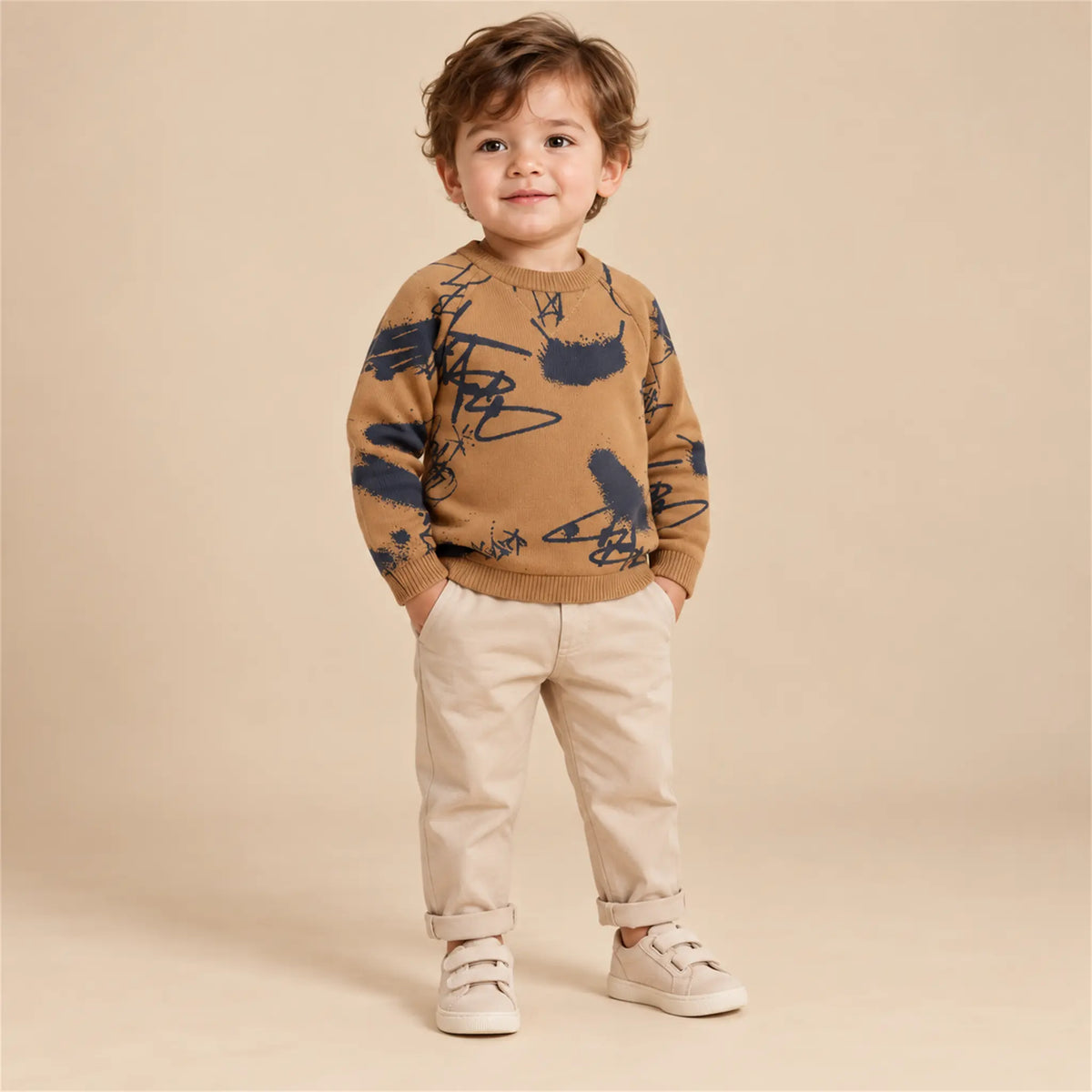 Beige studio lookbook: Sweater - Graffiti Printed; 24M; full-body child model; look 1