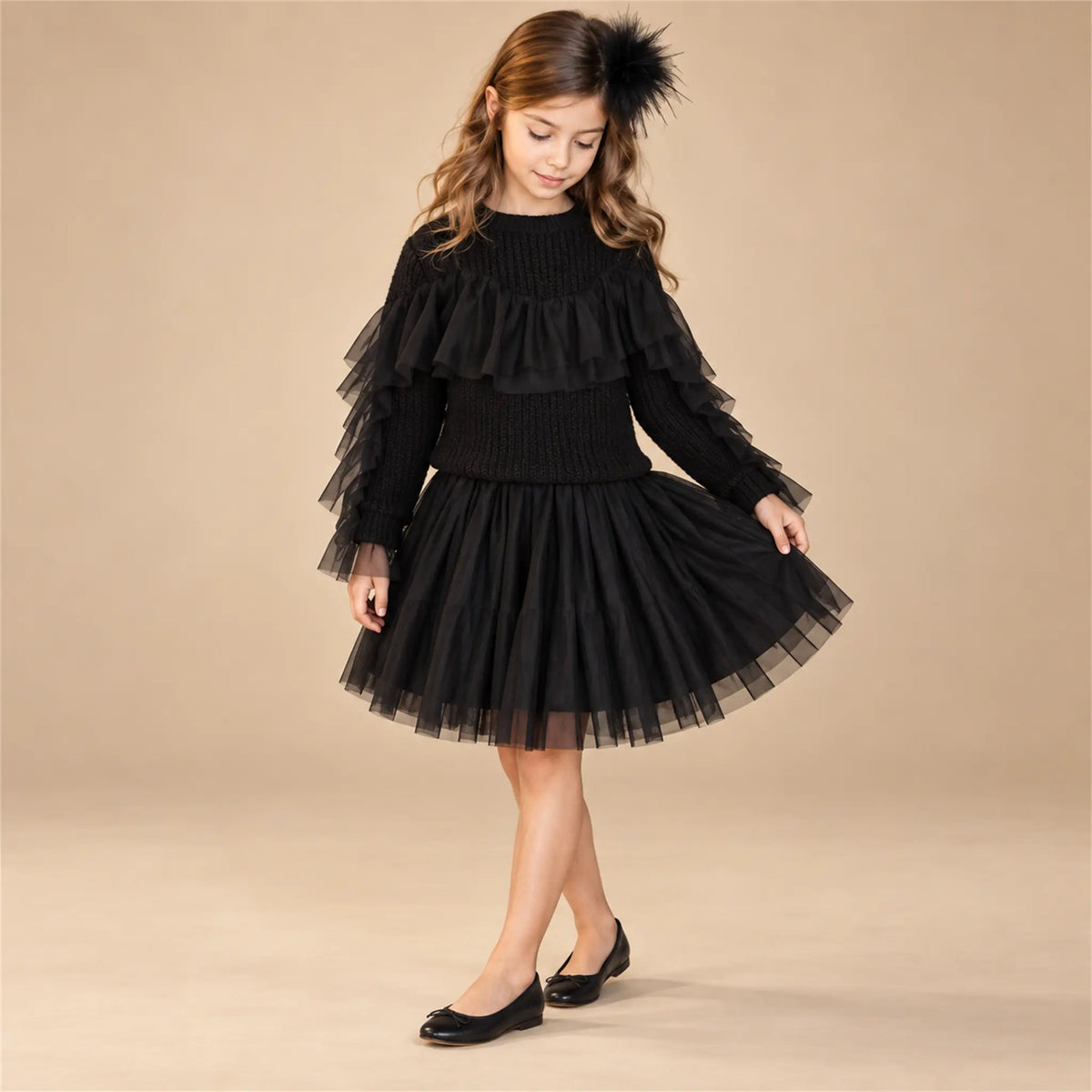 Beige studio lookbook: Glitter Blouse & Skirt - Black; 6Y; full-body child model; look 1