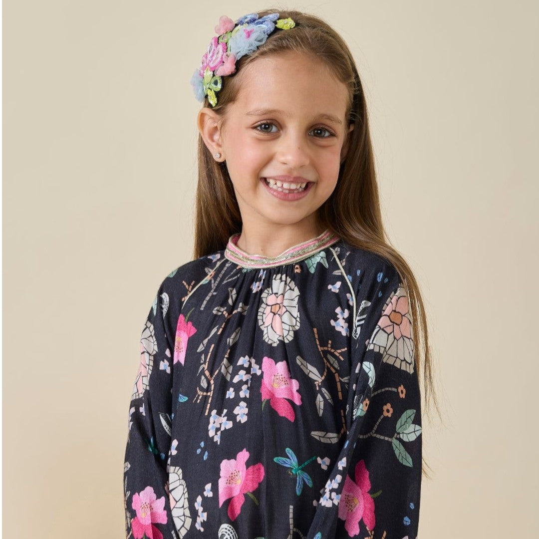 Fiona Printed Black Girls Long Dress