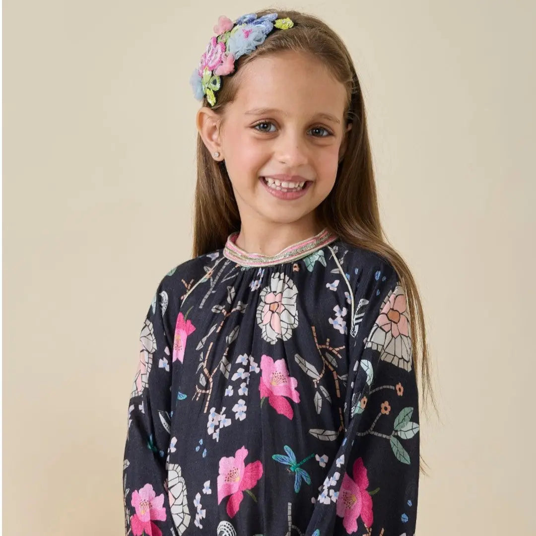 Fiona Printed Black Girls Long Dress JOEY & POOH