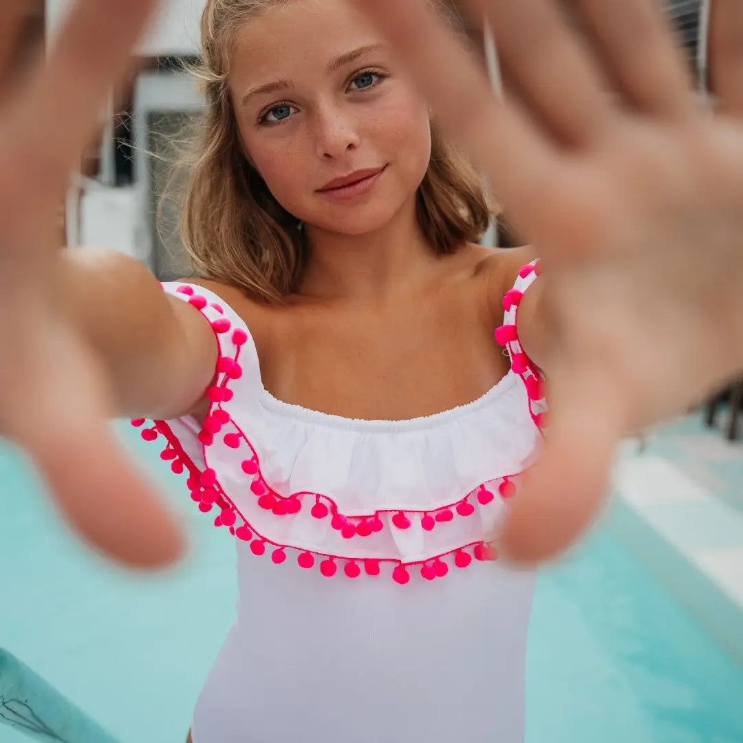 Sissi White Double Layer Pompon Hot Pink PICCOLI PRINCIPI SWIMWEAR