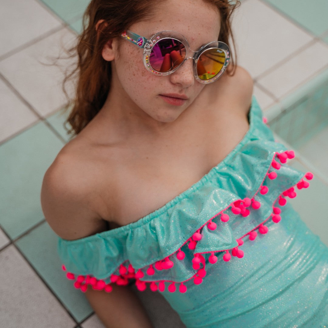 Sissi Aqua Glitter Hot Pink Pompon One Piece