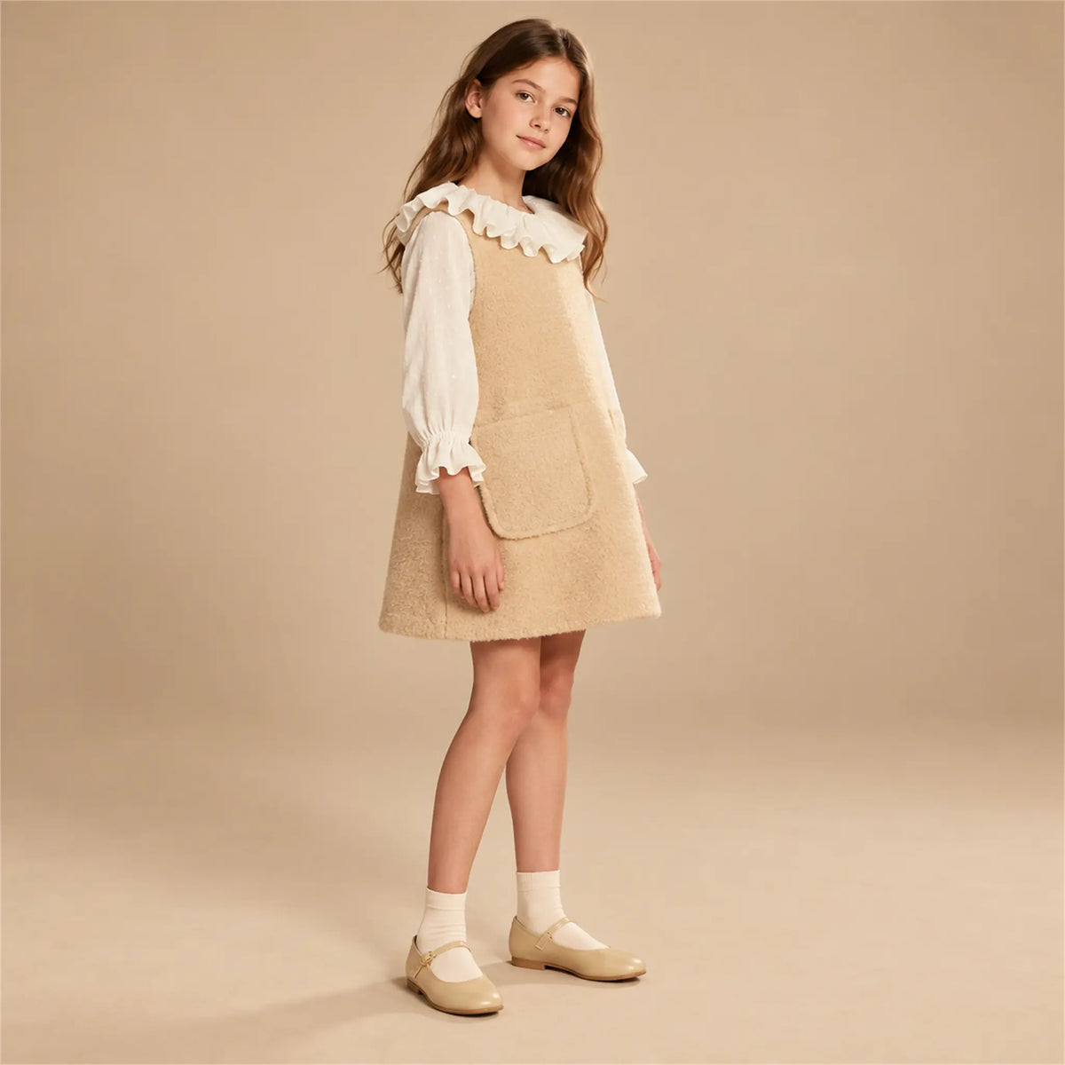 Beige studio lookbook: Teddy Bear Pinafore Dress - Biscuit; 12Y; full-body child model; look 1