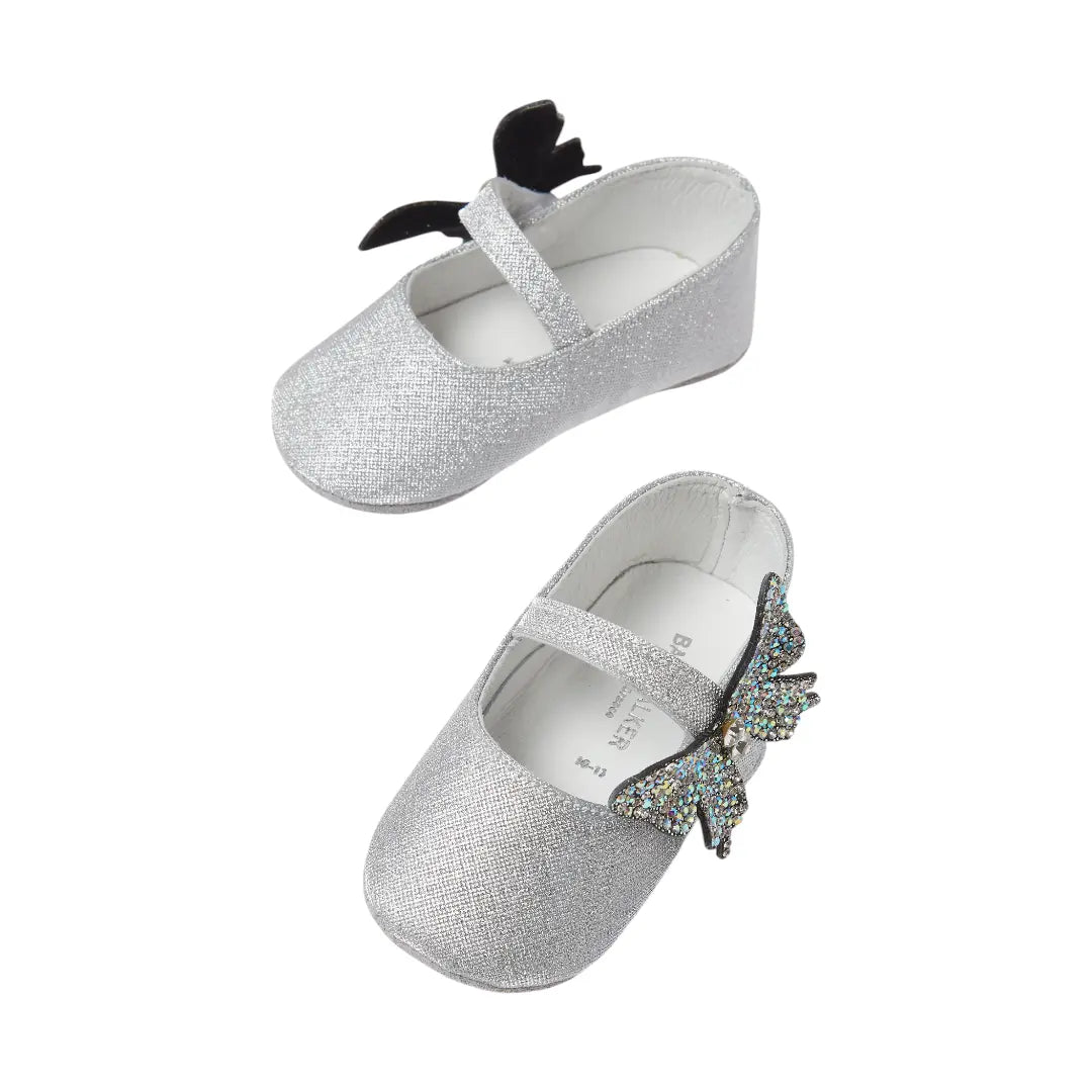 BabyWalker Silver Glitter Baby Girls Ballerina Shoes with Butterfly BABYWALKER