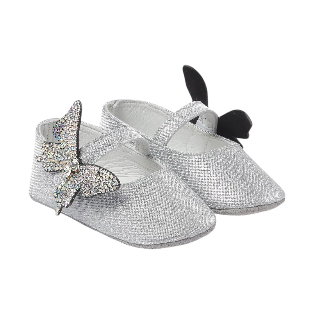 BabyWalker Silver Glitter Baby Girls Ballerina Shoes with Butterfly BABYWALKER
