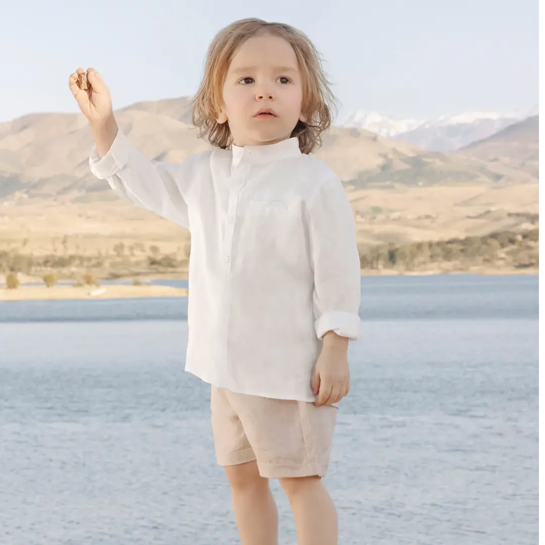 Boys White Linen Shirt & Sand Linen Shorts Set TARTINE ET CHOCOLAT