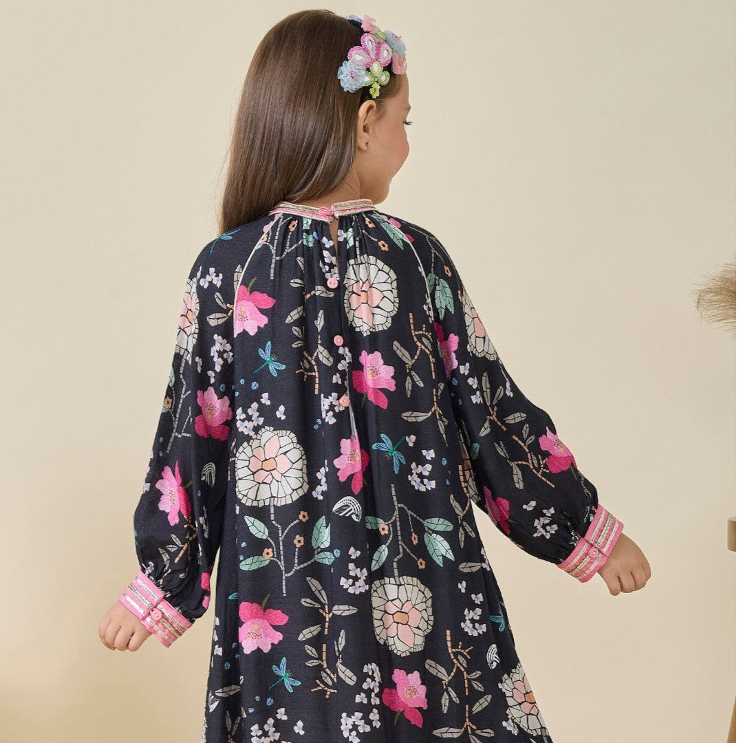 Fiona Printed Black Girls Long Dress