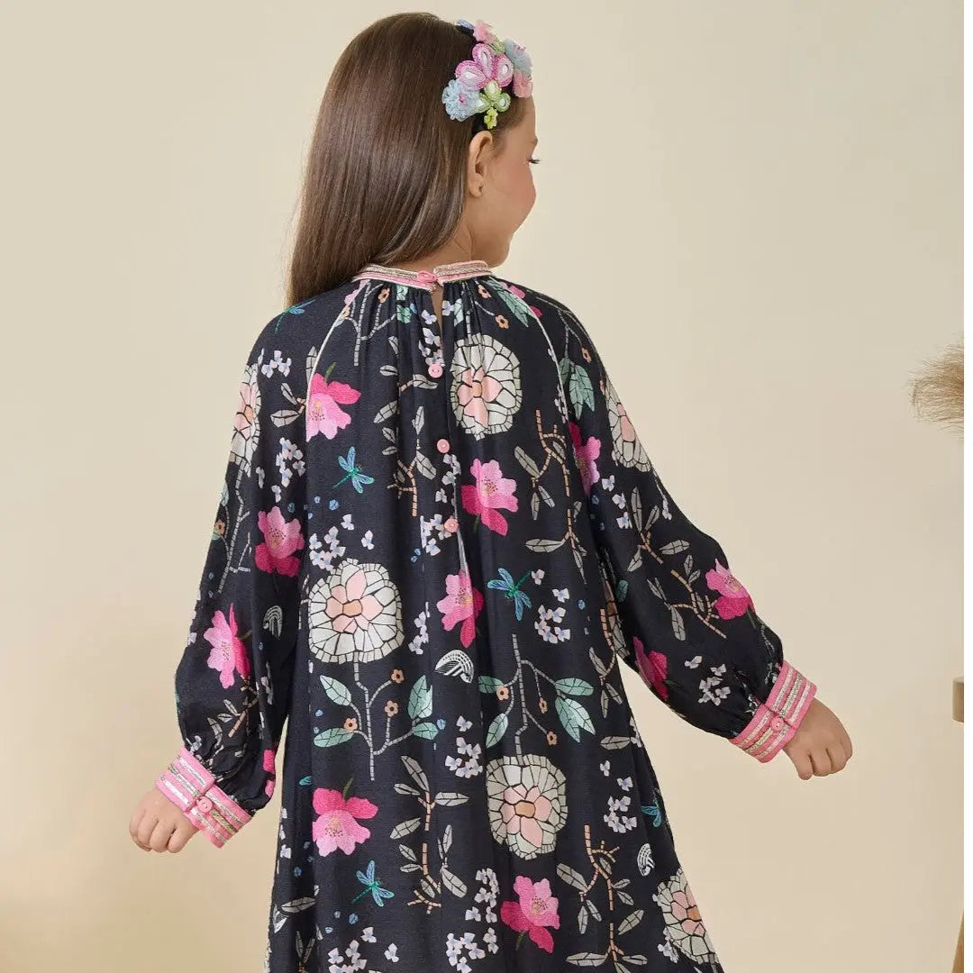 Fiona Printed Black Girls Long Dress JOEY & POOH