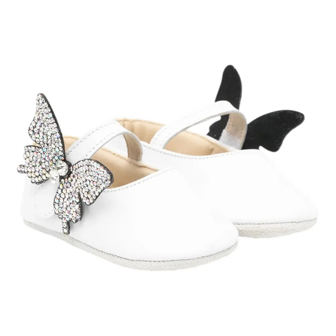 BabyWalker White Leather Baby Ballerina Shoes with Side Crystal Butterfly BABYWALKER