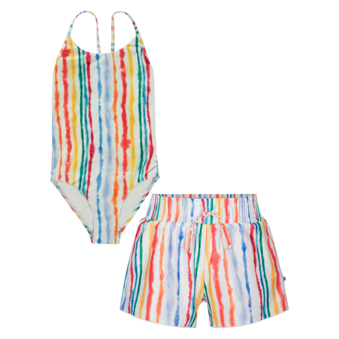 Girls Sunset Watercolor Stripes Swimsuit & Trunks