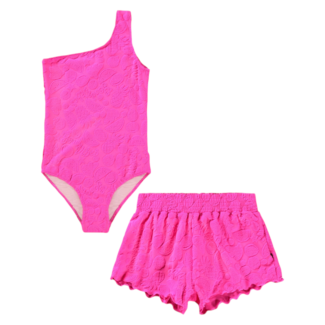 Girls Tropical Fruit Terry Swimsuit & Shorts Set