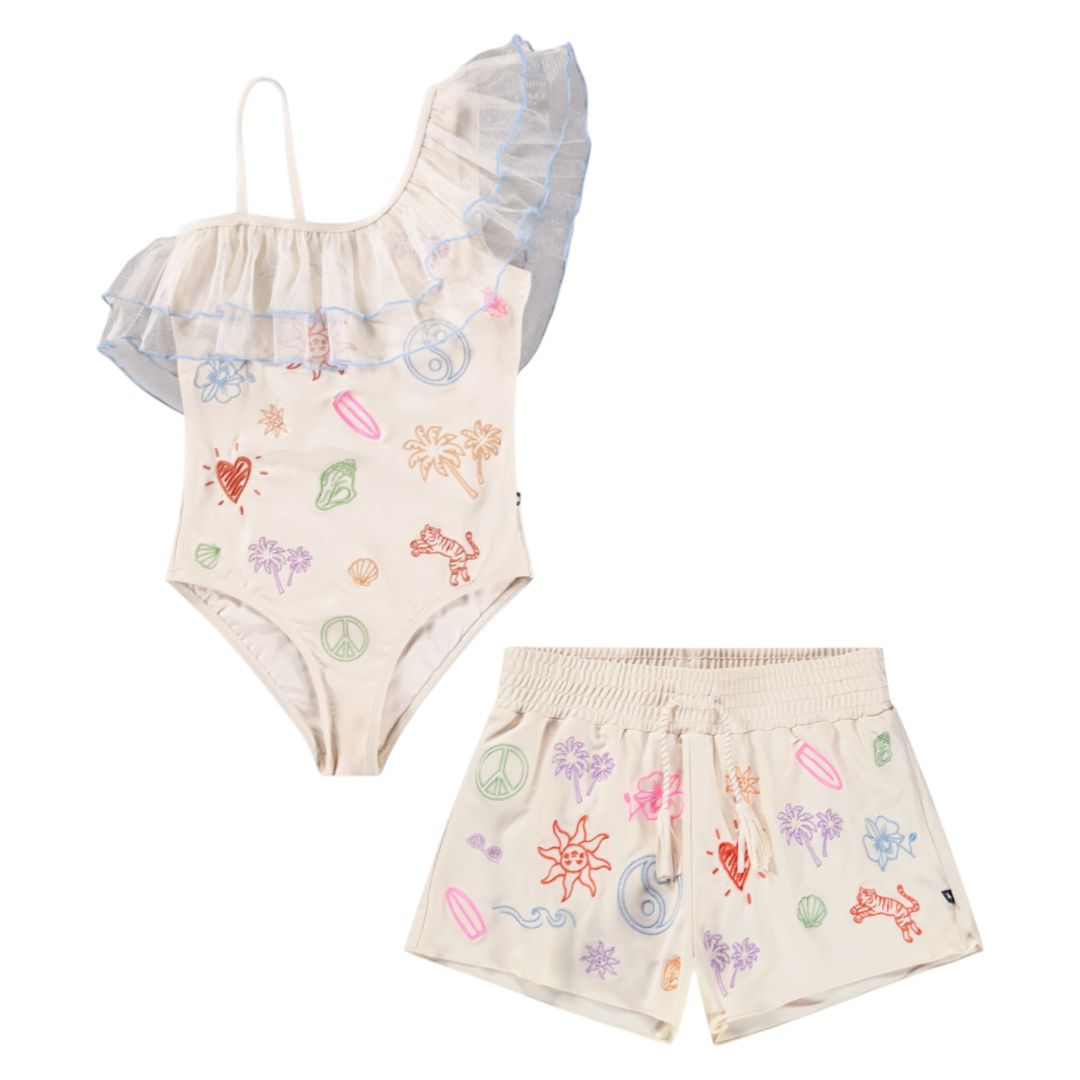 Girls Doodles Embroidered Swimsuit & Trunks Set