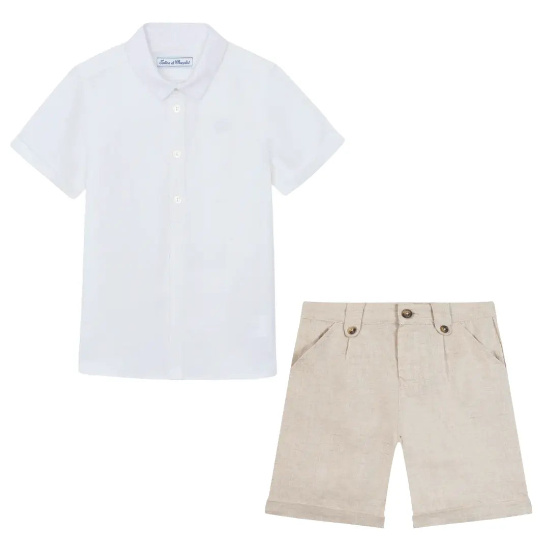 Boys White Linen Shirt & Sand Linen Ceremony Shorts Set TARTINE ET CHOCOLAT