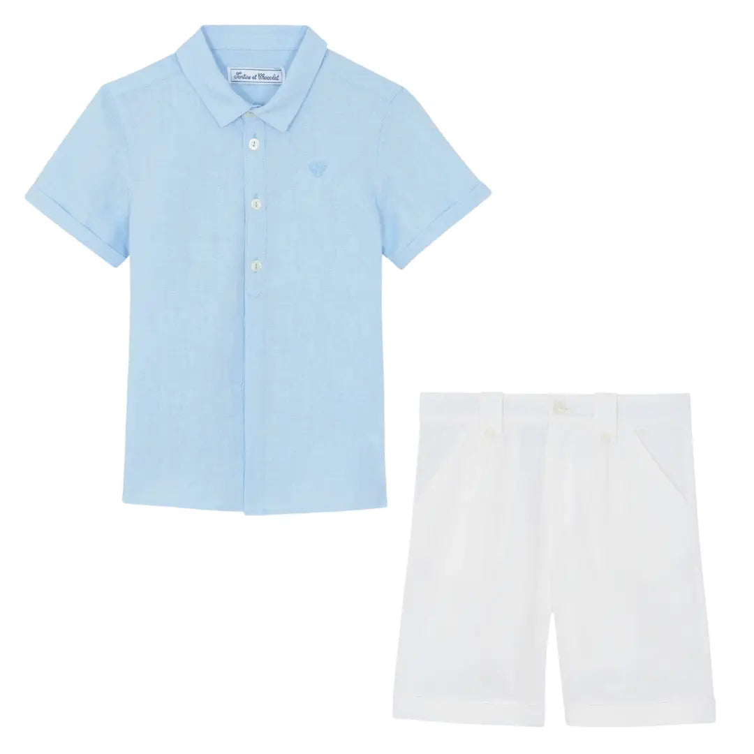 Boys Blue Cloud Linen Shirt & White Linen Shorts Ceremony Set TARTINE ET CHOCOLAT