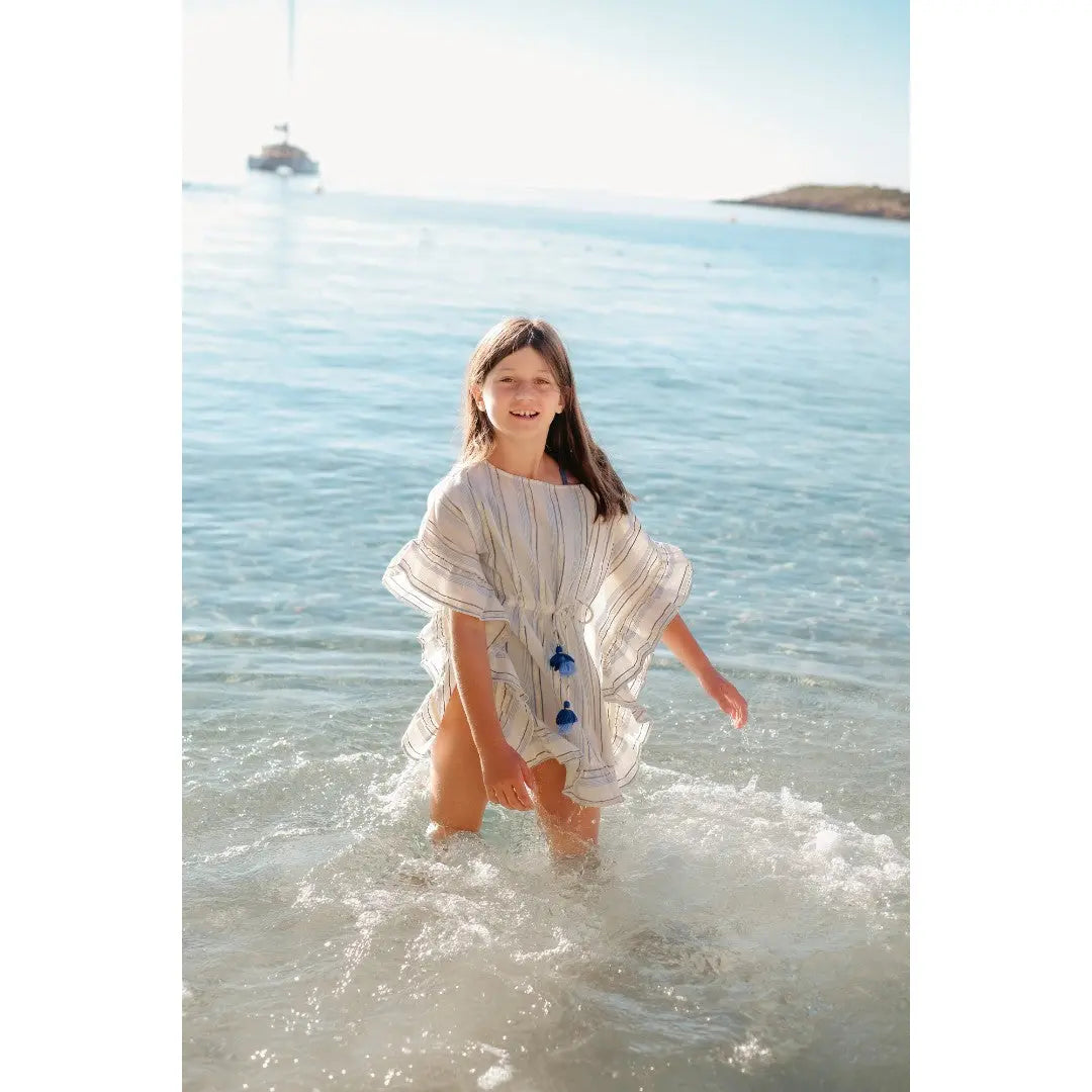 Bahia Shiny Stripe Swim Cover Up - White, Blue & Gold LISON PARIS