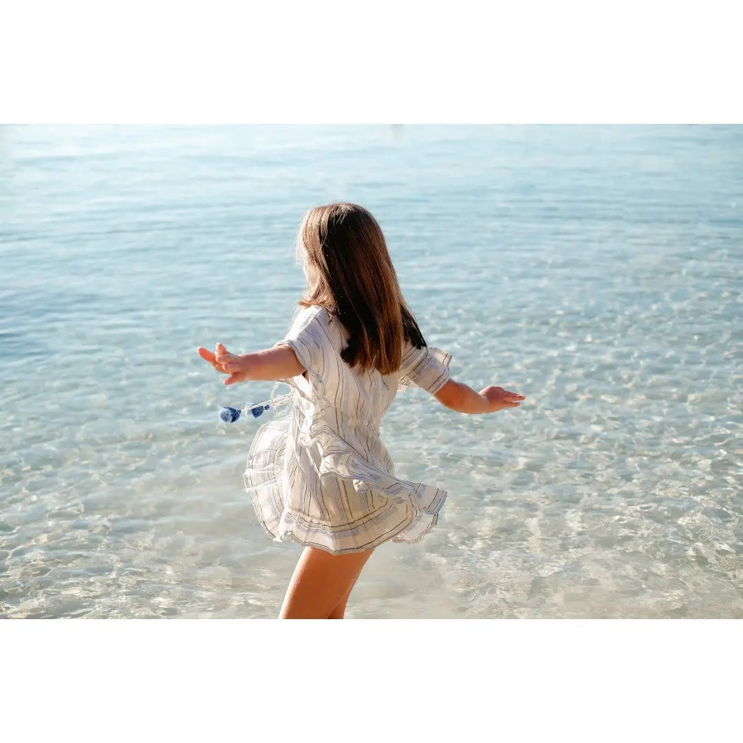 Bahia Shiny Stripe Swim Cover Up - White, Blue & Gold LISON PARIS