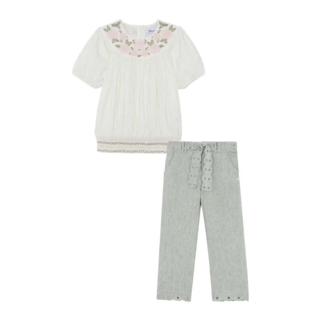 Girls Hand Embroidered Top & 100% Linen Embroidery Trousers TARTINE ET CHOCOLAT