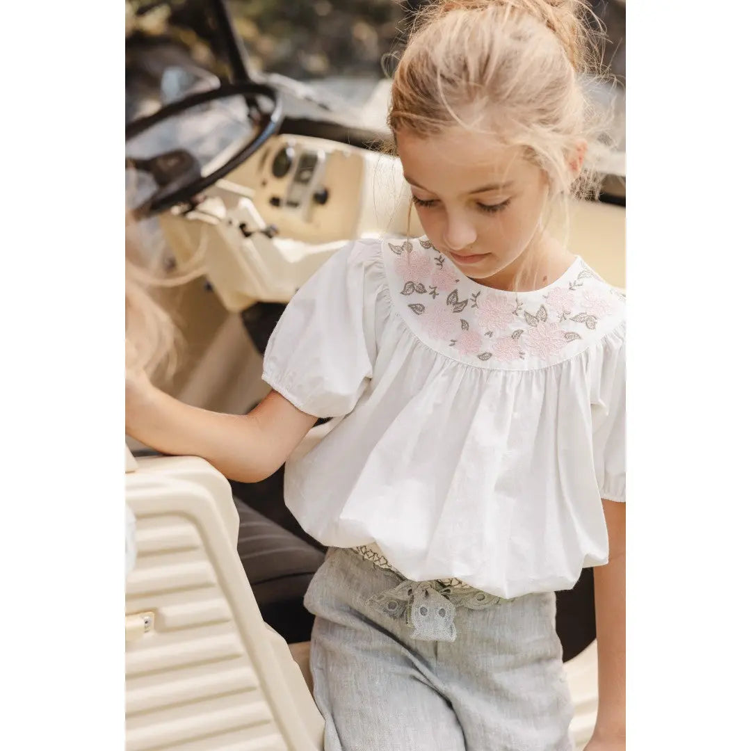 Girls Hand Embroidered Top & 100% Linen Embroidery Trousers TARTINE ET CHOCOLAT