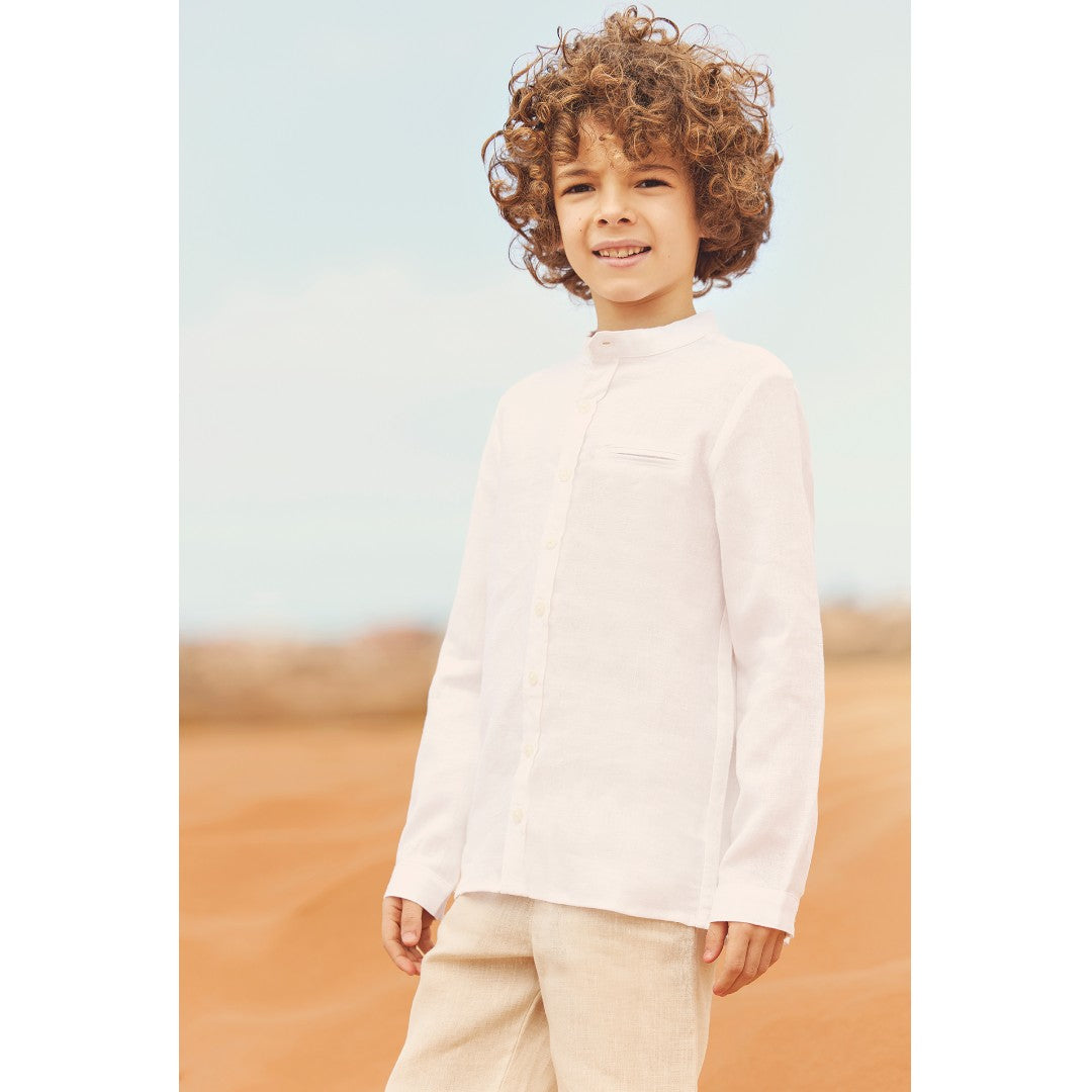 100% White Linen Chinese Collar Shirt & Beige Shorts