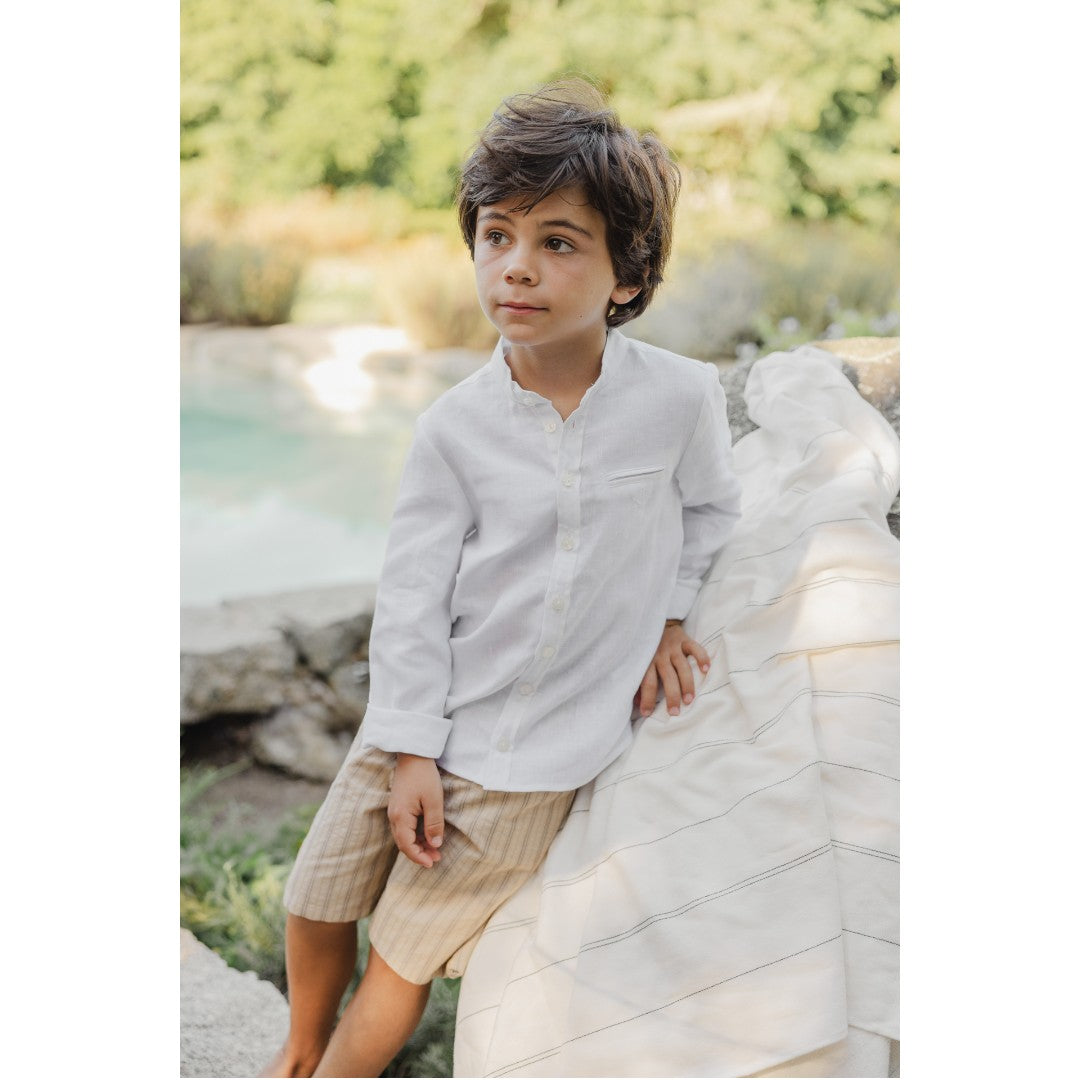100% White Linen Chinese Collar Shirt & Beige Shorts