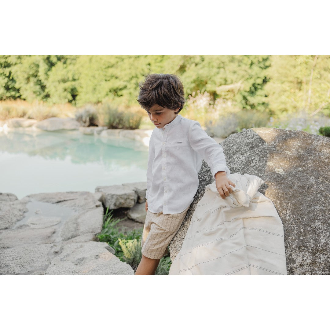 100% White Linen Chinese Collar Shirt & Beige Shorts
