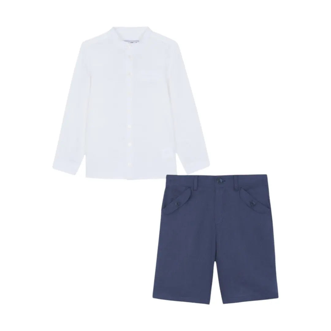 100% White Linen Chinese Collar Shirt & Navy Shorts TARTINE ET CHOCOLAT