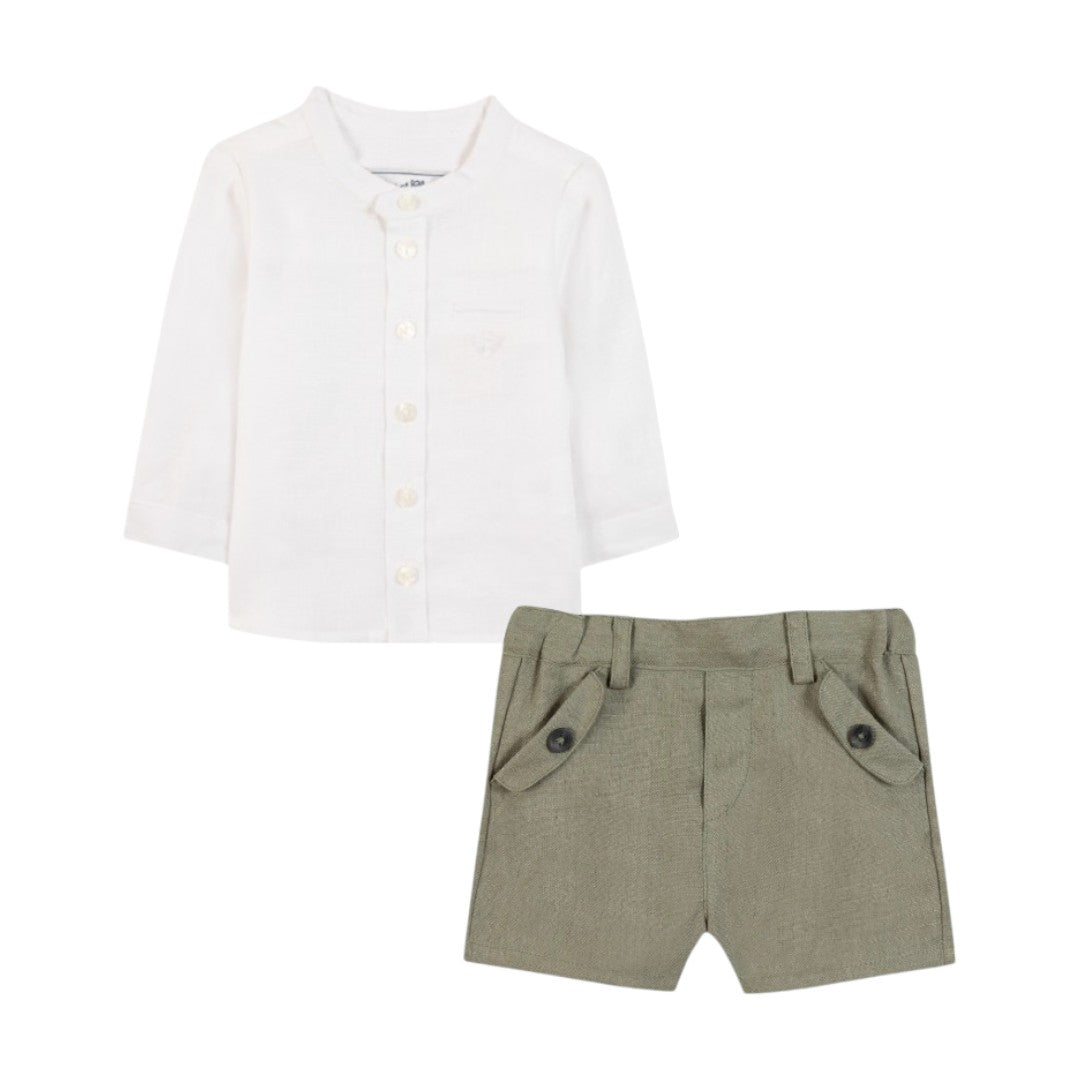 100% White Linen Baby Shirt & Green Shorts