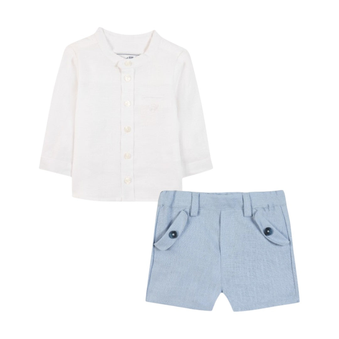 100% White Linen Baby Shirt & Sky Blue Shorts