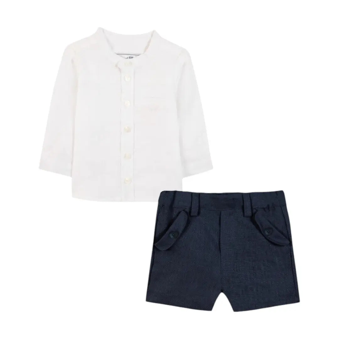 100% White Linen Baby Shirt & Navy Shorts TARTINE ET CHOCOLAT