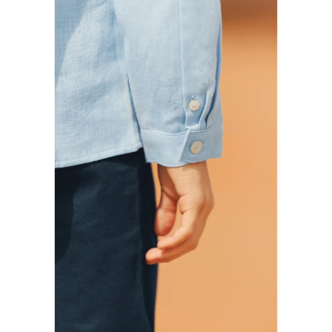 100% Linen Chinese Collar Shirt - Blue