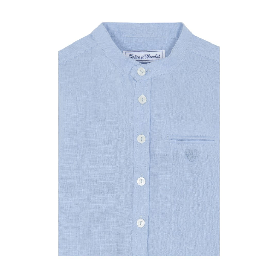 100% Linen Chinese Collar Shirt - Blue