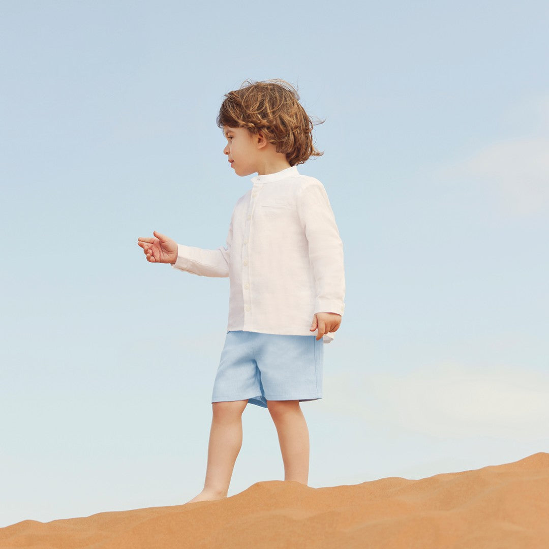100% White Linen Baby Shirt & Sky Blue Shorts