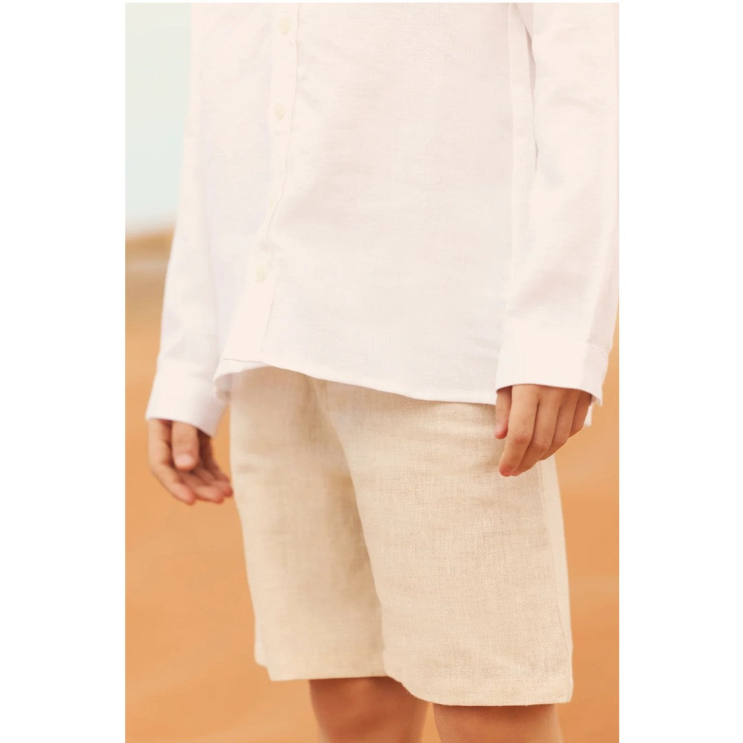 100% White Linen Chinese Collar Shirt & Beige Shorts