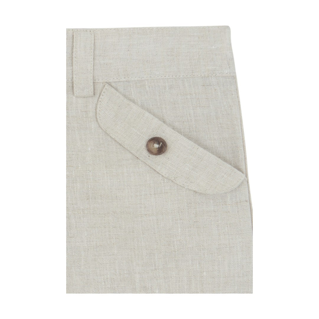 100% White Linen Chinese Collar Shirt & Beige Shorts