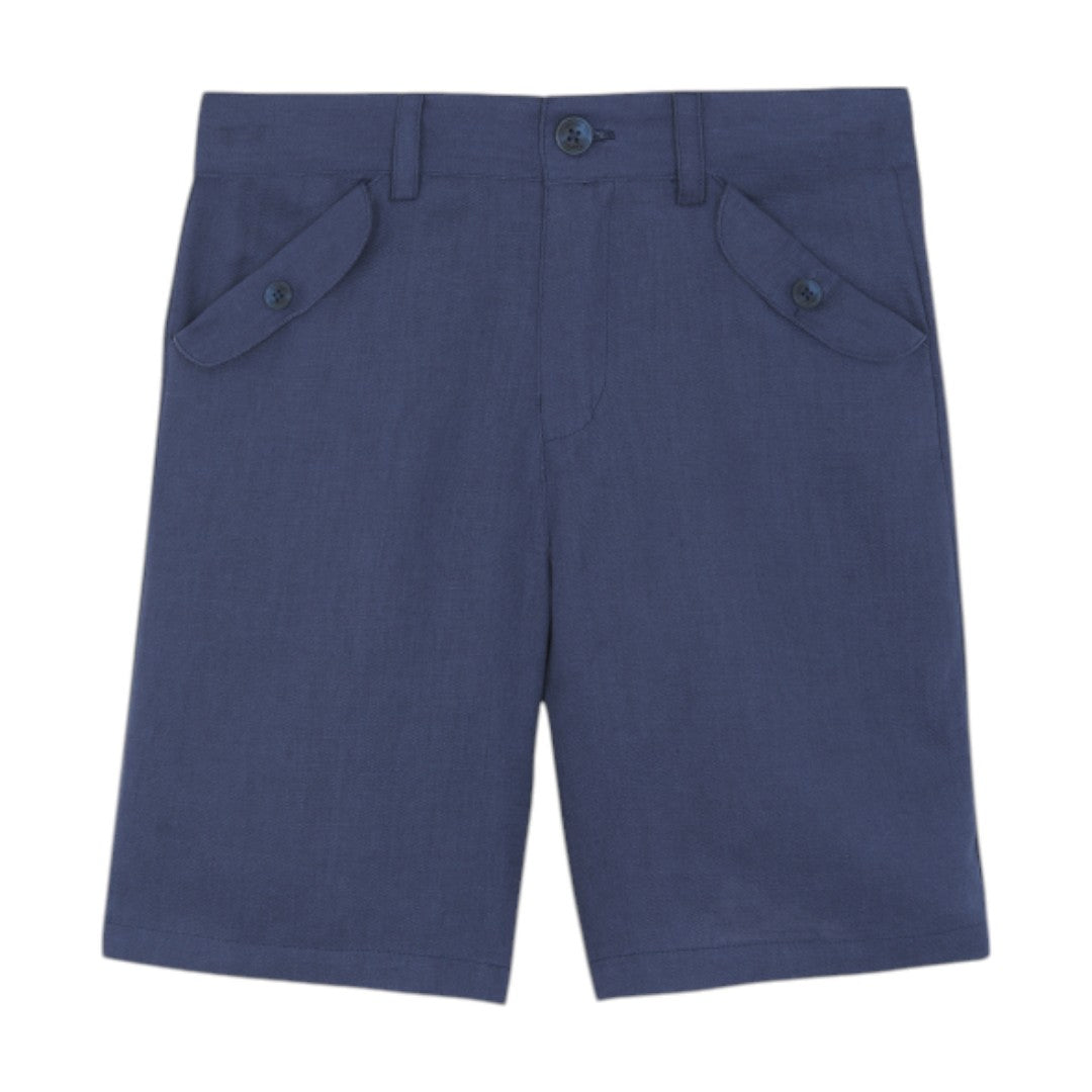 100% White Linen Chinese Collar Shirt & Navy Shorts