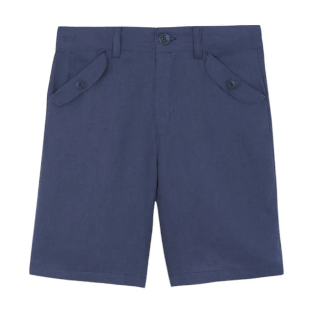 100% White Linen Chinese Collar Shirt & Navy Shorts TARTINE ET CHOCOLAT