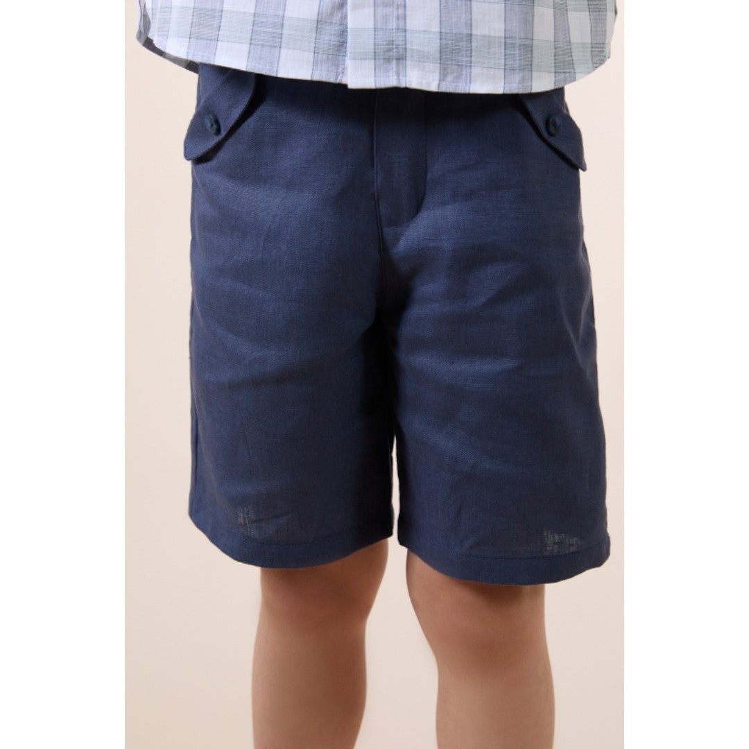 100% White Linen Chinese Collar Shirt & Navy Shorts