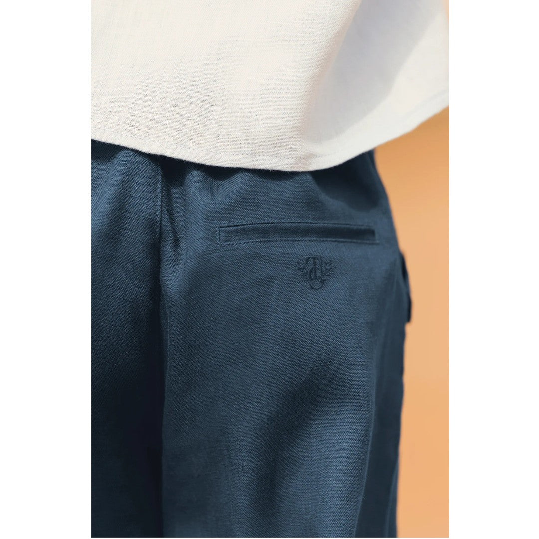 100% White Linen Chinese Collar Shirt & Navy Shorts