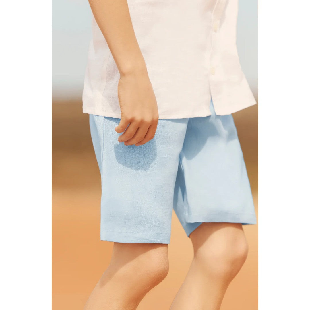 100% White Linen Chinese Collar Shirt & Sky Blue Shorts